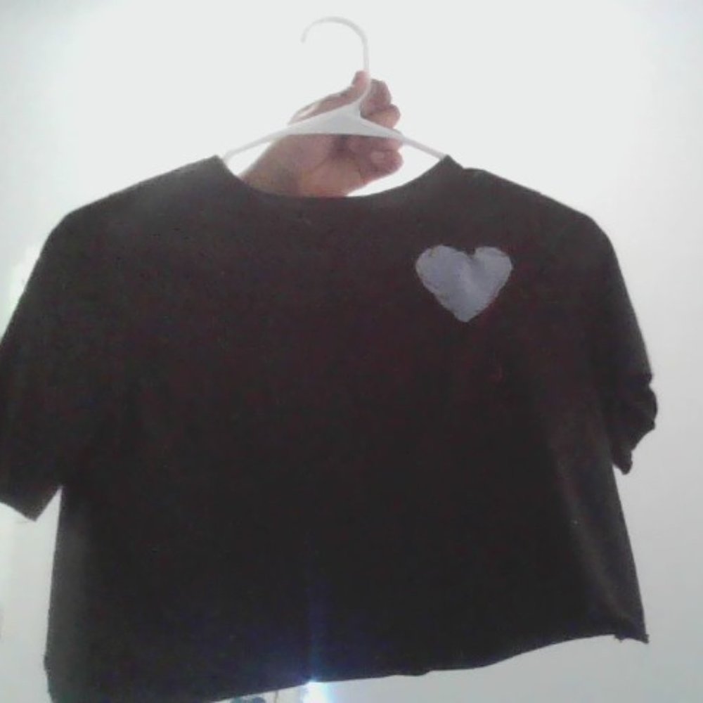 girls black crop top with denim heart